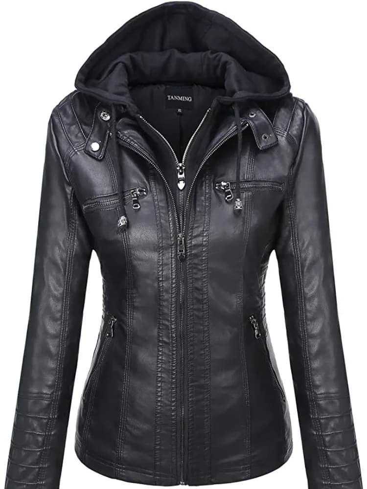 Hooded Leather Jacket Two-Piece Set Removable Large Size Leather Jacket for Women Spring Fall Outwear Women Pu Washed Leather
