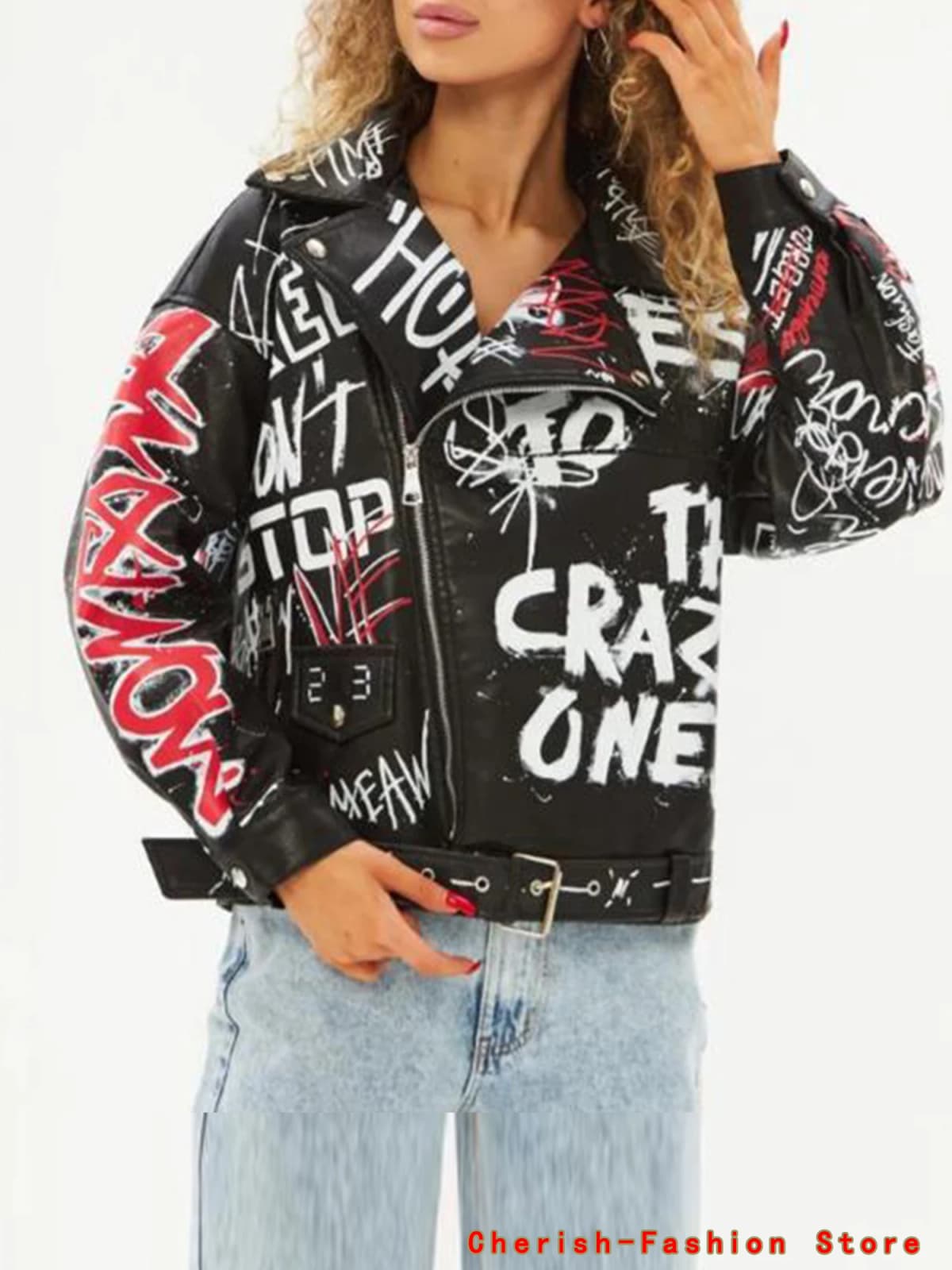 Women Autumn Winter Faux Soft Leather Jackets Coats Lady White Black PU Rivet Zipper Epaulet 3D Print Motorcycle Streetwear