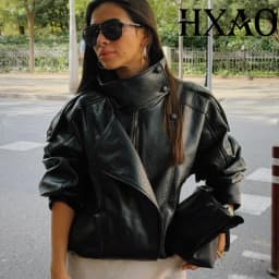 HXAO Black Jacket Women's Coat Faux Leather Jacket Outerwears Demi-Season Bomber Moto Biker Zipper Jacket High Neck Short Coat