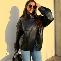 HXAO Black Jacket Women's Coat Faux Leather Jacket Outerwears Demi-Season Bomber Moto Biker Zipper Jacket High Neck Short Coat