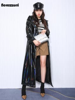Nerazzurri Autumn Extra Long Black Holographic Shiny Reflective Stretchy Soft PVC Leather Trench Coat for Women European Fashion