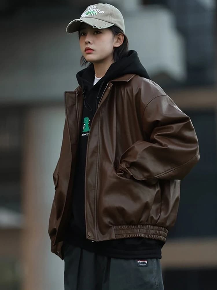 Cool Brown Leather Jacket Women's Motorcycle Style Spring Autumn Winter Fashionable Vintage American High-End Feel Short Coat