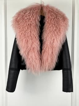 2025 Winter Women Warm Faux Leather Sheepskin Coat Female Zipper Slim Streetwear Moto Biker Jacket Large Real Wool Fur Collar