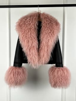 2025 Winter Women Warm Faux Leather Sheepskin Coat Female Zipper Slim Streetwear Moto Biker Jacket Large Real Wool Fur Collar