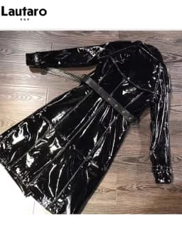Lautaro Autumn Long Shiny Reflective Patent Faux Leather Trench Coat for Women Sashes Double Breasted Runway European Fashion