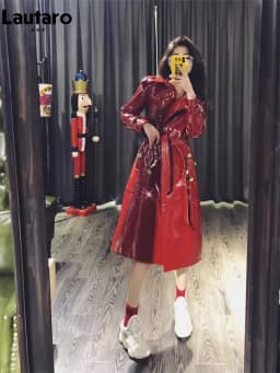 Lautaro Autumn Long Shiny Reflective Patent Faux Leather Trench Coat for Women Sashes Double Breasted Runway European Fashion