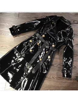 Lautaro Autumn Long Shiny Reflective Patent Faux Leather Trench Coat for Women Sashes Double Breasted Runway European Fashion