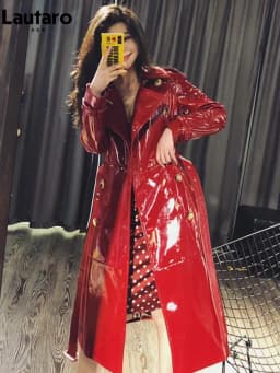 Lautaro Autumn Long Shiny Reflective Patent Faux Leather Trench Coat for Women Sashes Double Breasted Runway European Fashion