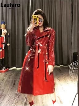 Lautaro Autumn Long Shiny Reflective Patent Faux Leather Trench Coat for Women Sashes Double Breasted Runway European Fashion