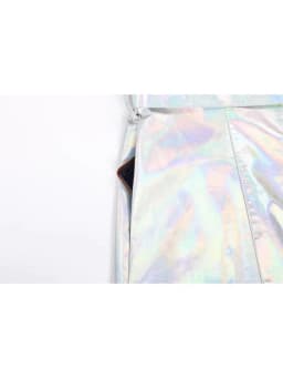 Mauroicardi Spring Long Shiny Reflective Holographic Silver Faux Leather Trench Coat for Women with Hood Zip Up Y2K Streetwear