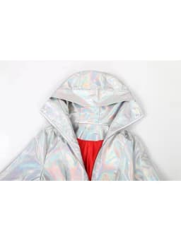Mauroicardi Spring Long Shiny Reflective Holographic Silver Faux Leather Trench Coat for Women with Hood Zip Up Y2K Streetwear
