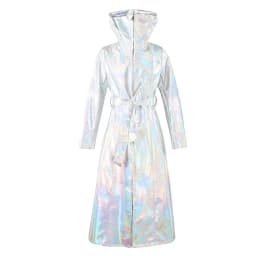 Mauroicardi Spring Long Shiny Reflective Holographic Silver Faux Leather Trench Coat for Women with Hood Zip Up Y2K Streetwear