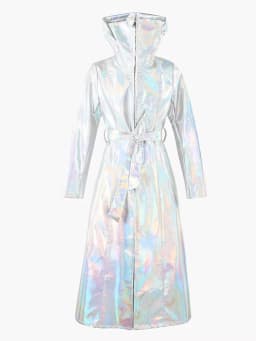 Mauroicardi Spring Long Shiny Reflective Holographic Silver Faux Leather Trench Coat for Women with Hood Zip Up Y2K Streetwear