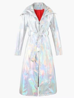 Mauroicardi Spring Long Shiny Reflective Holographic Silver Faux Leather Trench Coat for Women with Hood Zip Up Y2K Streetwear