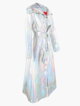 Mauroicardi Spring Long Shiny Reflective Holographic Silver Faux Leather Trench Coat for Women with Hood Zip Up Y2K Streetwear