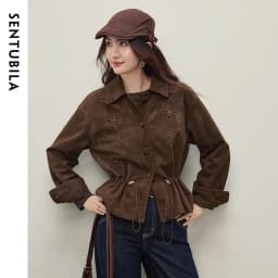 SENTUBILA Faux Leather Shirt Jacket for Women 2026 Spring Hollow-out Embroidery Short Coat Retro Office Lady Outerwear 161WB4866