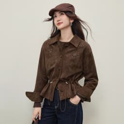 SENTUBILA Faux Leather Shirt Jacket for Women 2026 Spring Hollow-out Embroidery Short Coat Retro Office Lady Outerwear 161WB4866