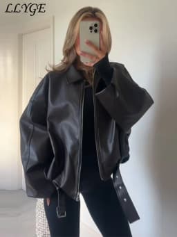 Street Women's Belt Leather Jackets Loose Lapel Zipper Long Sleeve Pockets Female Coats 2026 Autumn Lady Fashion Y2k Outwear