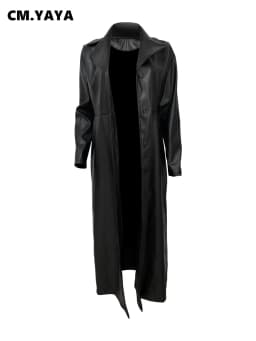 CM.YAYA Women’s Coats Thick PU Leather Long Sleeve 2024 Winter Notched Neck X-Long Trench Street Wear Fashion OL Work Outcoat