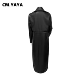 CM.YAYA Women’s Coats Thick PU Leather Long Sleeve 2024 Winter Notched Neck X-Long Trench Street Wear Fashion OL Work Outcoat