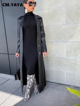CM.YAYA Women’s Coats Thick PU Leather Long Sleeve 2024 Winter Notched Neck X-Long Trench Street Wear Fashion OL Work Outcoat