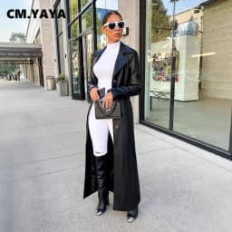 CM.YAYA Women’s Coats Thick PU Leather Long Sleeve 2024 Winter Notched Neck X-Long Trench Street Wear Fashion OL Work Outcoat