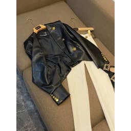trendy Women's Clothing Faux Leather Coat Black Metal Double-breasted Slim No-wash Leather Suit Top Jacket Coat Women Jackets