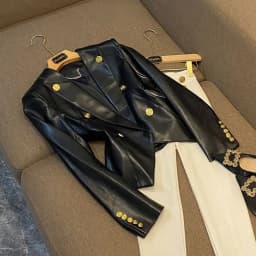 trendy Women's Clothing Faux Leather Coat Black Metal Double-breasted Slim No-wash Leather Suit Top Jacket Coat Women Jackets