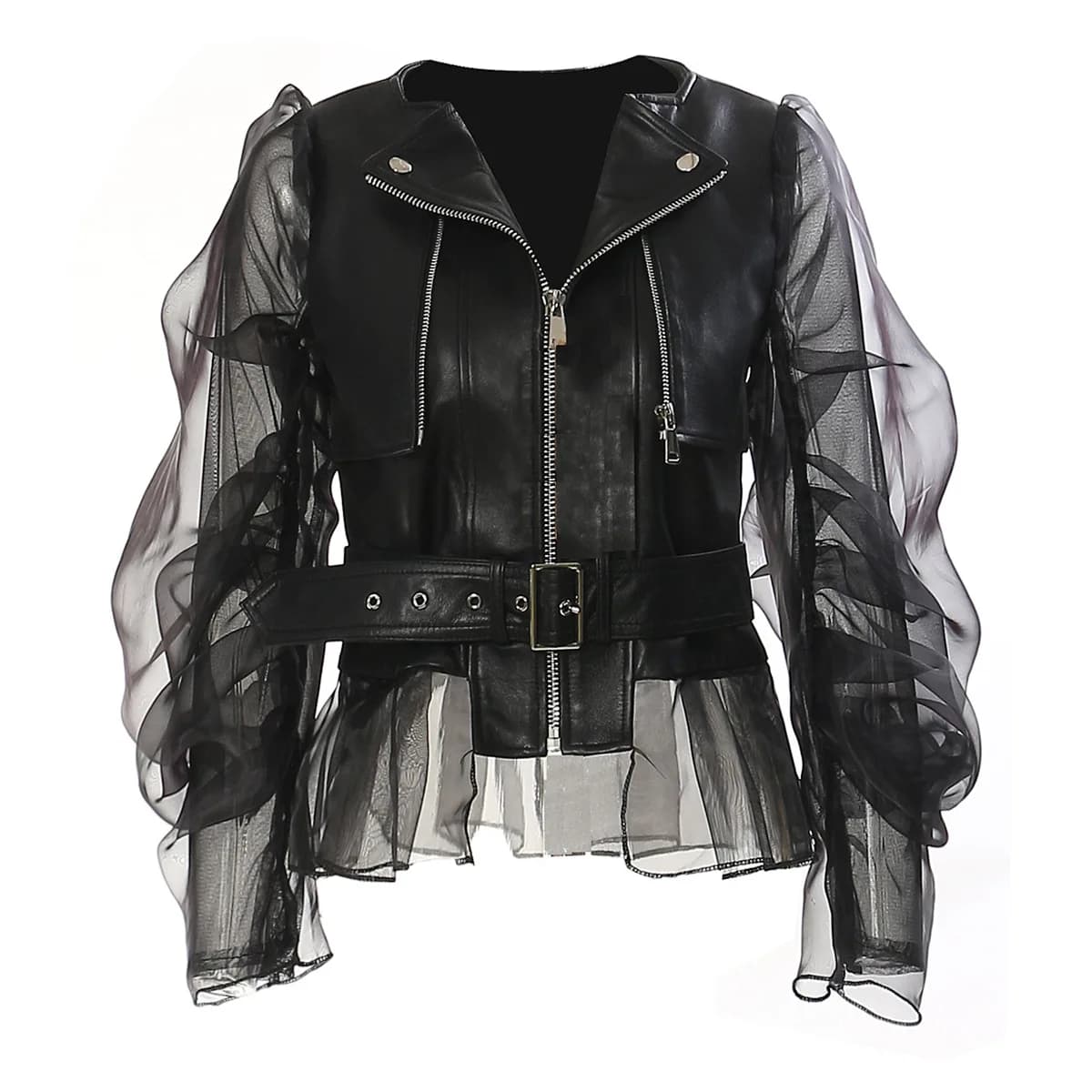 Fashionable and domineering women'sperspective patchwork mesh leather jacket motorcycle rock zipper jacket premium Women's tops