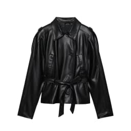 ETJ 2025 autumn new women's fashion belt imitation leather long sleeve short trench coat casual leather coat