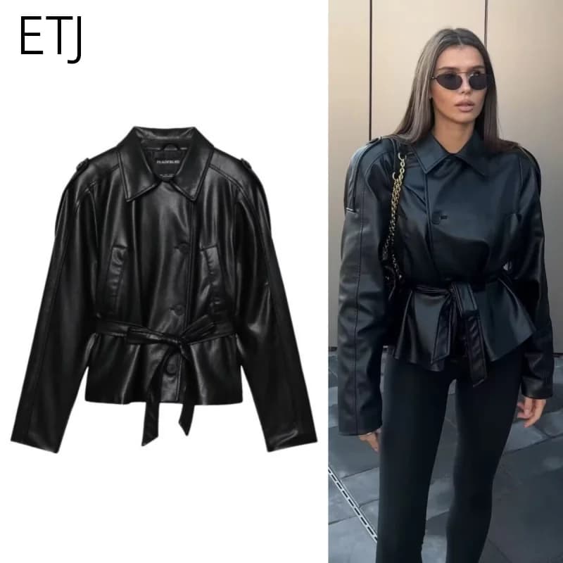 ETJ 2025 autumn new women's fashion belt imitation leather long sleeve short trench coat casual leather coat