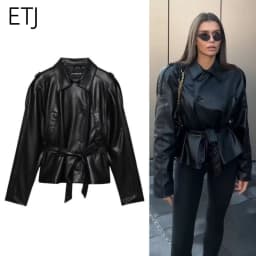 ETJ 2025 autumn new women's fashion belt imitation leather long sleeve short trench coat casual leather coat
