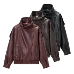 Spring New ZR Women's Fashionable Litchi Skin Leather Jacket Street Style Loose Fit Long Sleeve Zipper Short Coat Versatile