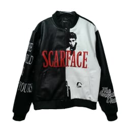 Retro American Style Scarface Embroidered Black White Splicing Leather Jacket Couple Outerwear Loose Fit Zipper Sleeve Design