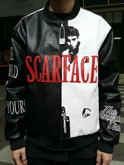 Retro American Style Scarface Embroidered Black White Splicing Leather Jacket Couple Outerwear Loose Fit Zipper Sleeve Design