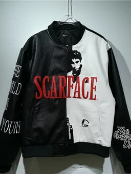 Retro American Style Scarface Embroidered Black White Splicing Leather Jacket Couple Outerwear Loose Fit Zipper Sleeve Design