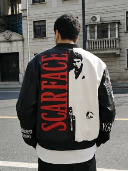 Retro American Style Scarface Embroidered Black White Splicing Leather Jacket Couple Outerwear Loose Fit Zipper Sleeve Design