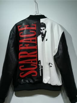 Retro American Style Scarface Embroidered Black White Splicing Leather Jacket Couple Outerwear Loose Fit Zipper Sleeve Design
