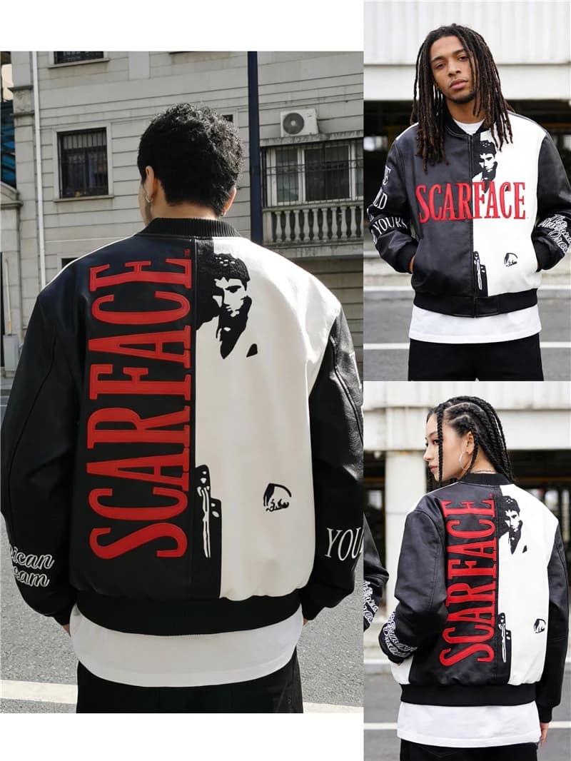 Retro American Style Scarface Embroidered Black White Splicing Leather Jacket Couple Outerwear Loose Fit Zipper Sleeve Design