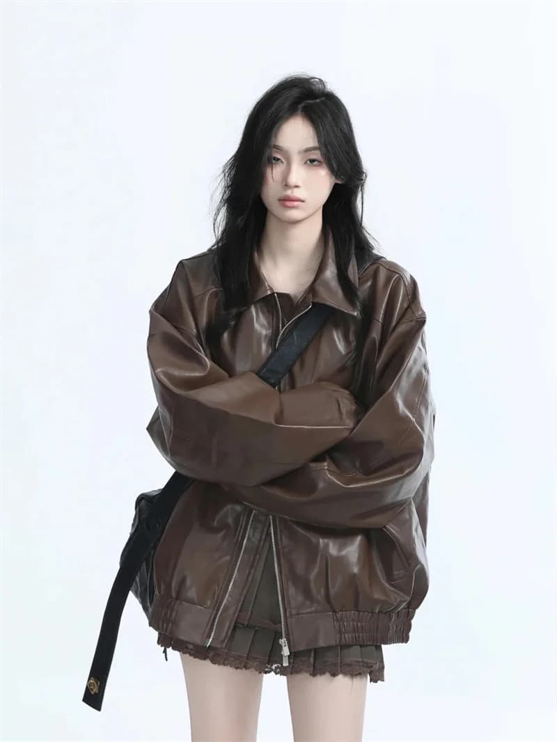 2026 New Brown Locomotive PU Leather Jacket For Women Autumn American Retro Loose Jacket Trend Brown Leather Jacke Women Trend