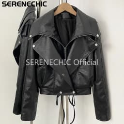 SERENECHIC Women's Black Faux Leather Cropped Moto Jacket Asymmetric Zip PU Biker Coat Female New Autumn Vintage Punk Outerwear