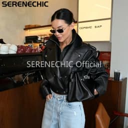 SERENECHIC Women's Black Faux Leather Cropped Moto Jacket Asymmetric Zip PU Biker Coat Female New Autumn Vintage Punk Outerwear