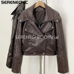 SERENECHIC Women's Black Faux Leather Cropped Moto Jacket Asymmetric Zip PU Biker Coat Female New Autumn Vintage Punk Outerwear