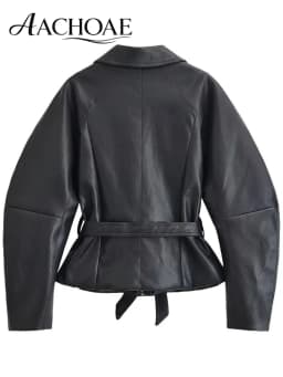 AACHOAE Women Faux Leather Jacket Belted Waist Oversized Moto Jacket Long Sleeve PU Leather Coat Casual Spring Autumn Outerwear