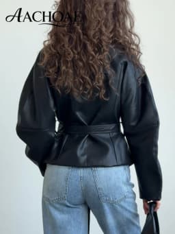 AACHOAE Women Faux Leather Jacket Belted Waist Oversized Moto Jacket Long Sleeve PU Leather Coat Casual Spring Autumn Outerwear