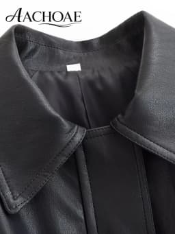 AACHOAE Women Faux Leather Jacket Belted Waist Oversized Moto Jacket Long Sleeve PU Leather Coat Casual Spring Autumn Outerwear