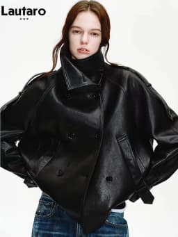 Lautaro Spring Autumn Cool Handsome Oversized Black Pu Leather Jackets for Women Double Breasted Luxury Designer Clothes Fashion