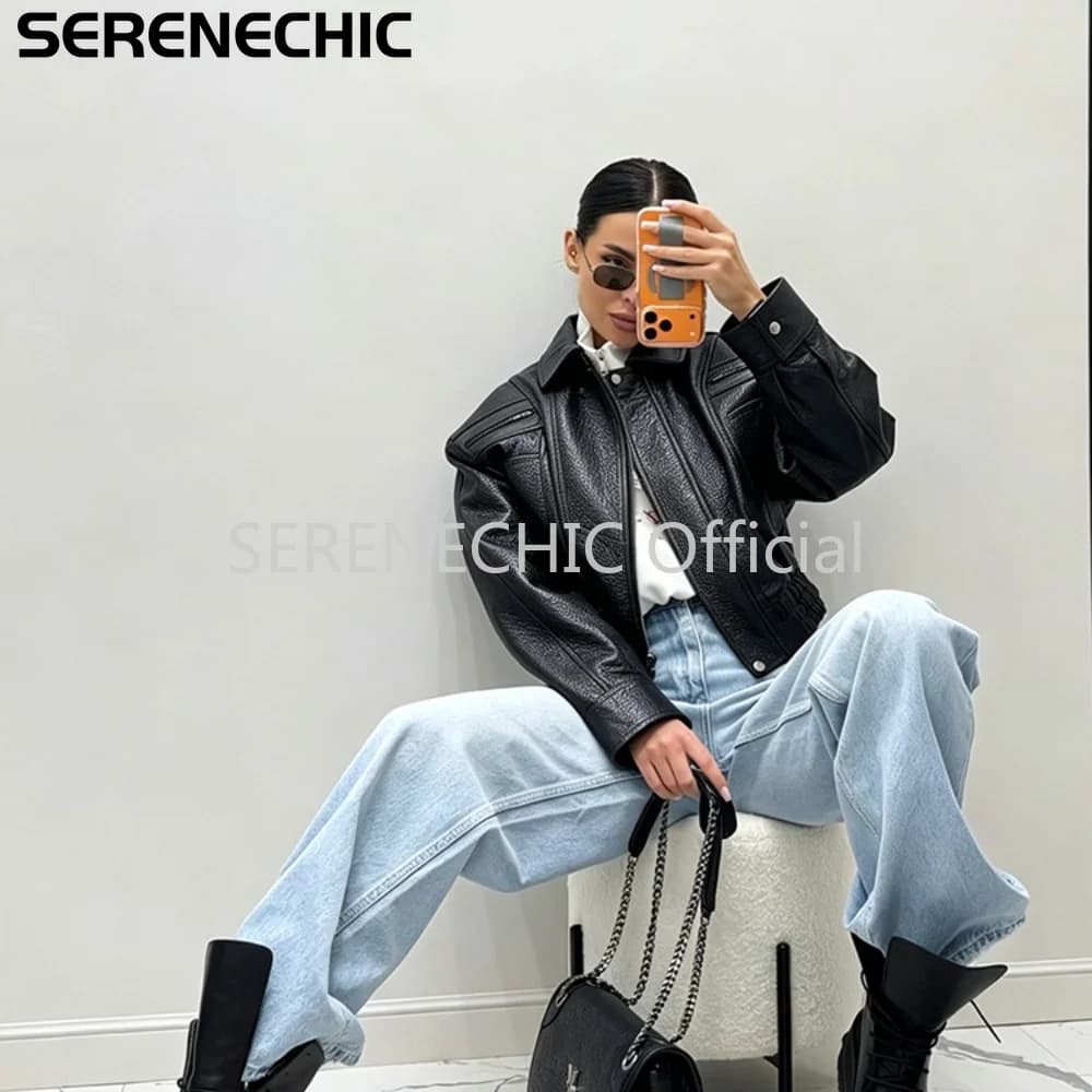SERENECHIC Textured PU Aviator Coat with Elastic Hem Women's Black Cropped Faux Leather Jacket New Vintage Outerwear Female