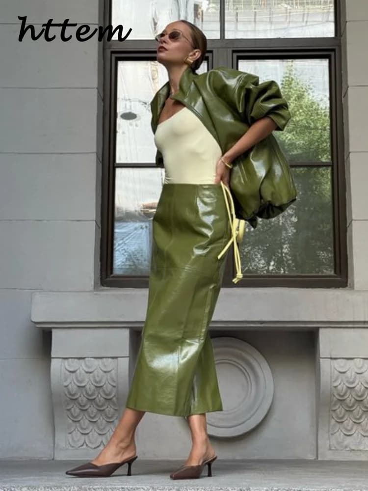 Street Zipper Leather Jackets Skirts Sets Women Loose Stand Collar Full Sleeve Coat Straight Skirt 2025 Autumn Winter Lady Suit