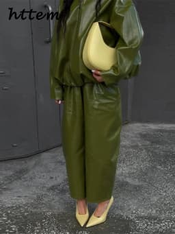 Street Zipper Leather Jackets Skirts Sets Women Loose Stand Collar Full Sleeve Coat Straight Skirt 2025 Autumn Winter Lady Suit